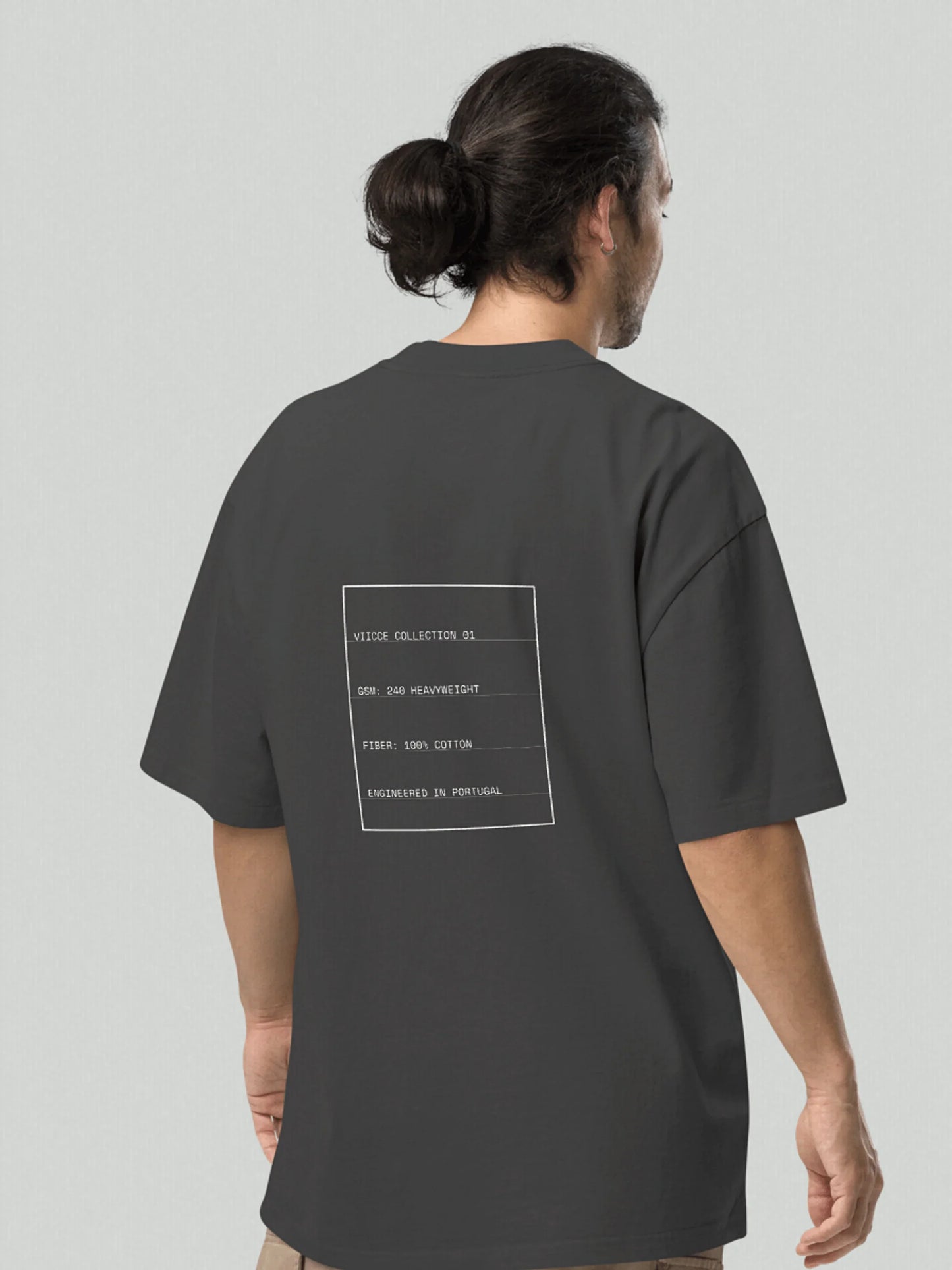 The rear view of a man wearing the Collection 001 from VIICCE. Detailing the extreme high quality 100% carded cotton and the oversized fit.