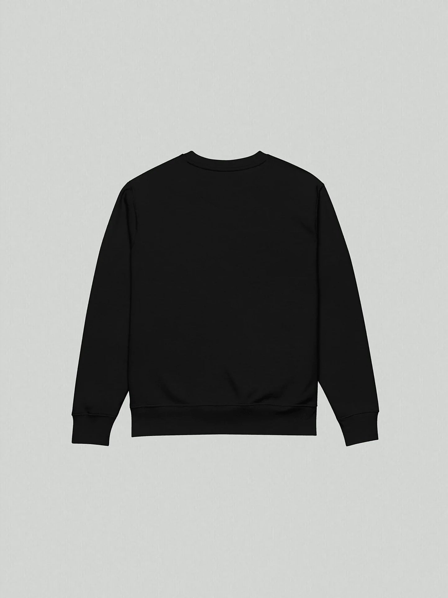 Back view of VIICCE Core Heavyweight Sweatshirt in jet black organic cotton featuring a ribbed hem and relaxed structure