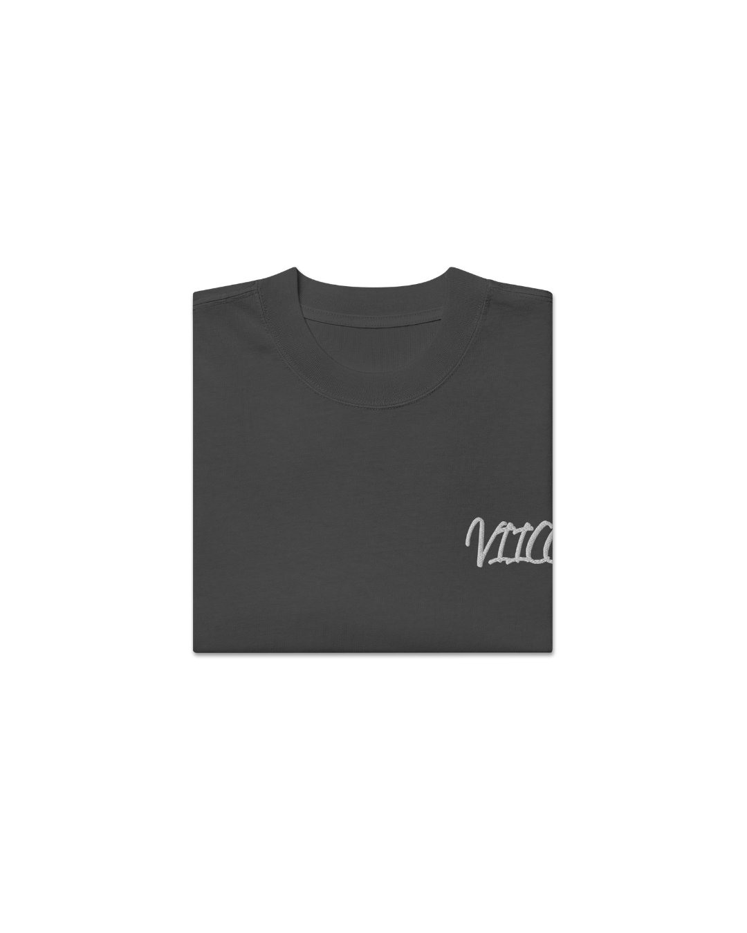 Folded heavyweight organic cotton t-shirt by VIICCE in charcoal grey, featuring signature logo and premium thick collar.