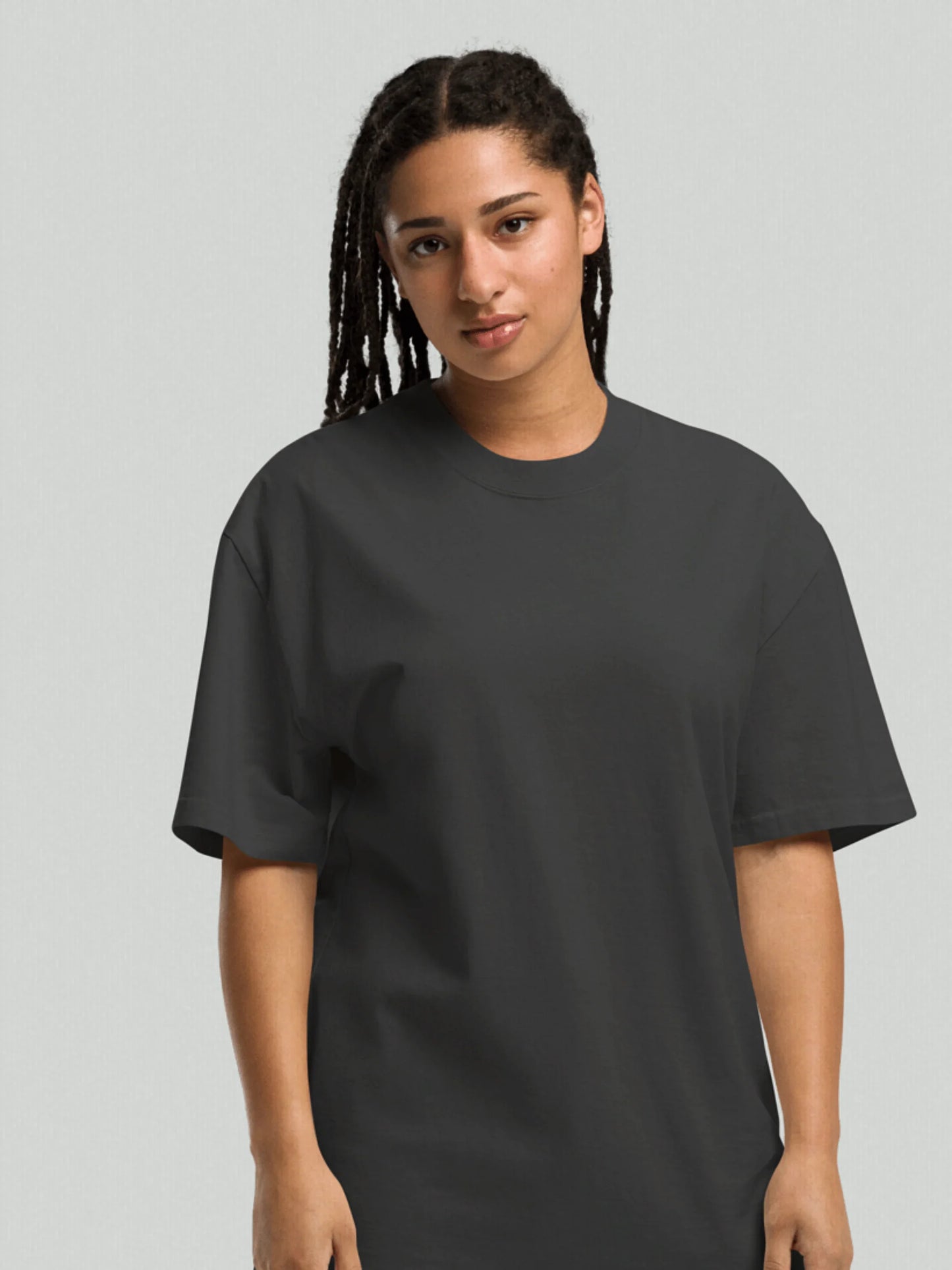 Front view of the VIICCE heavyweight boxy t-shirt in faded dark grey, showing the premium dropped shoulder construction.