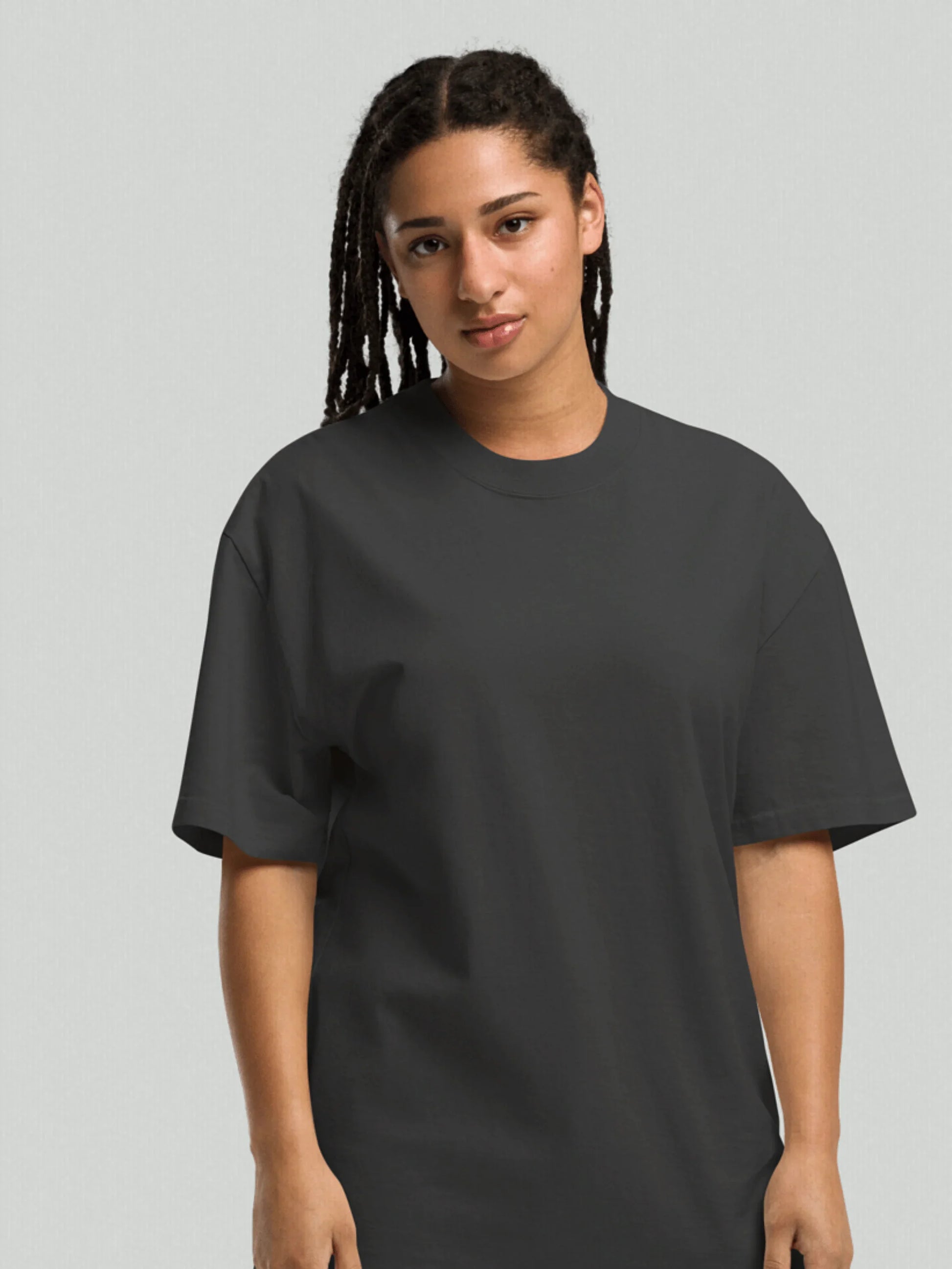 Front view of the VIICCE heavyweight boxy t-shirt in faded dark grey, showing the premium dropped shoulder construction.