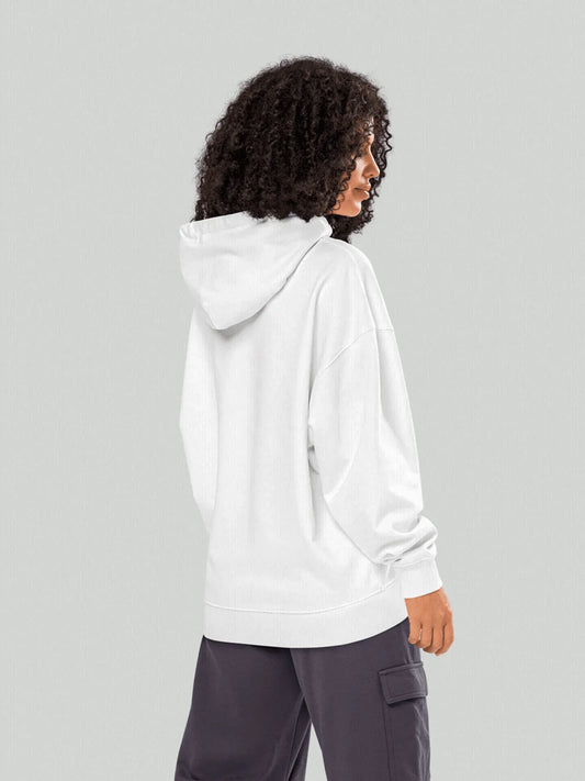 Side view of a women's white hoodie, detail of the wide hood and high-weight fabric.