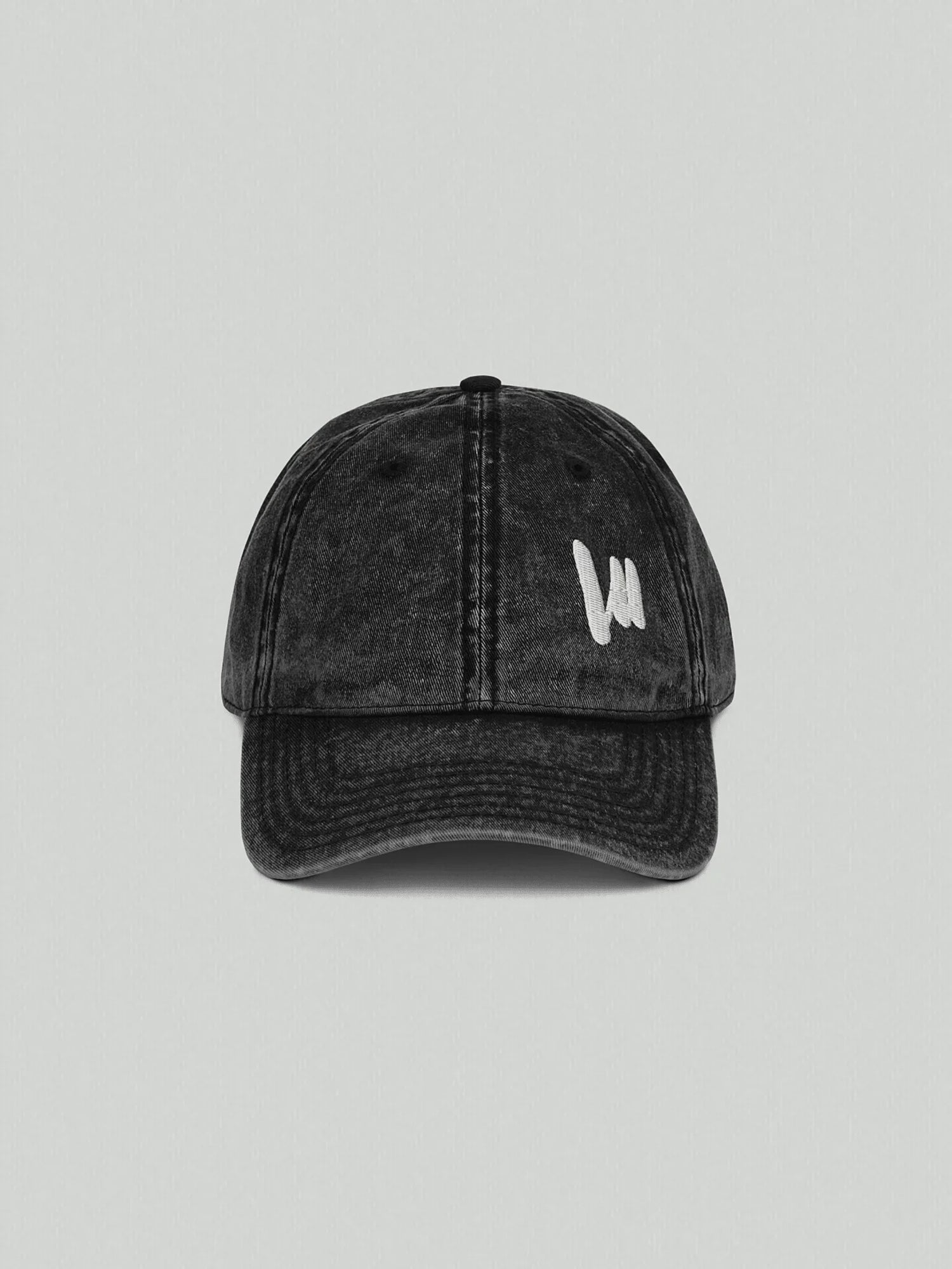 Vintage black VIICCE cap in washed cotton with worn effect, front view