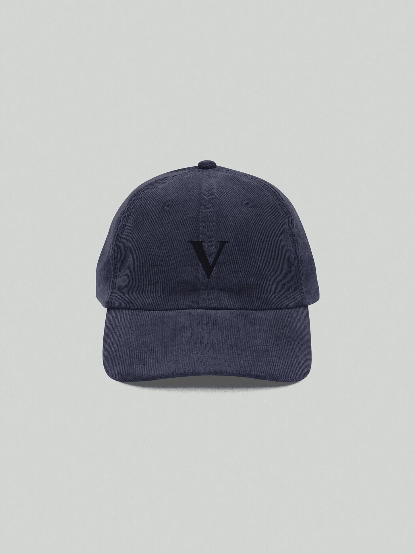 Navy blue VIICCE cap in 100% cotton corduroy fabric, front view with V logo