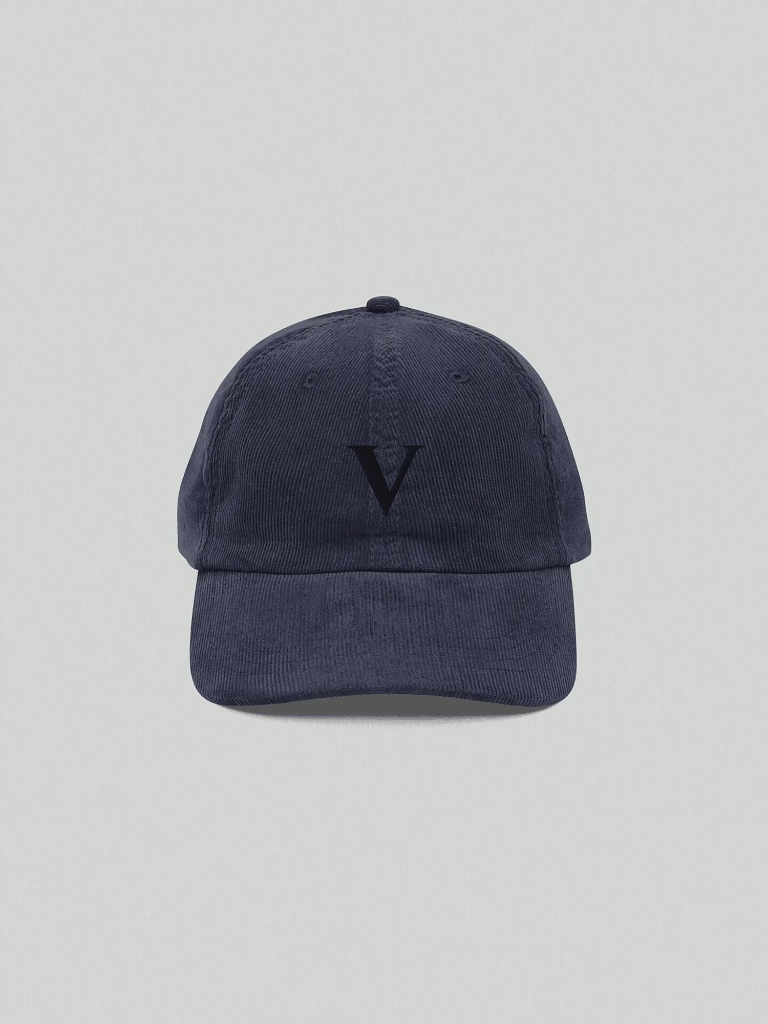 Navy blue VIICCE cap in 100% cotton corduroy fabric, front view with V logo