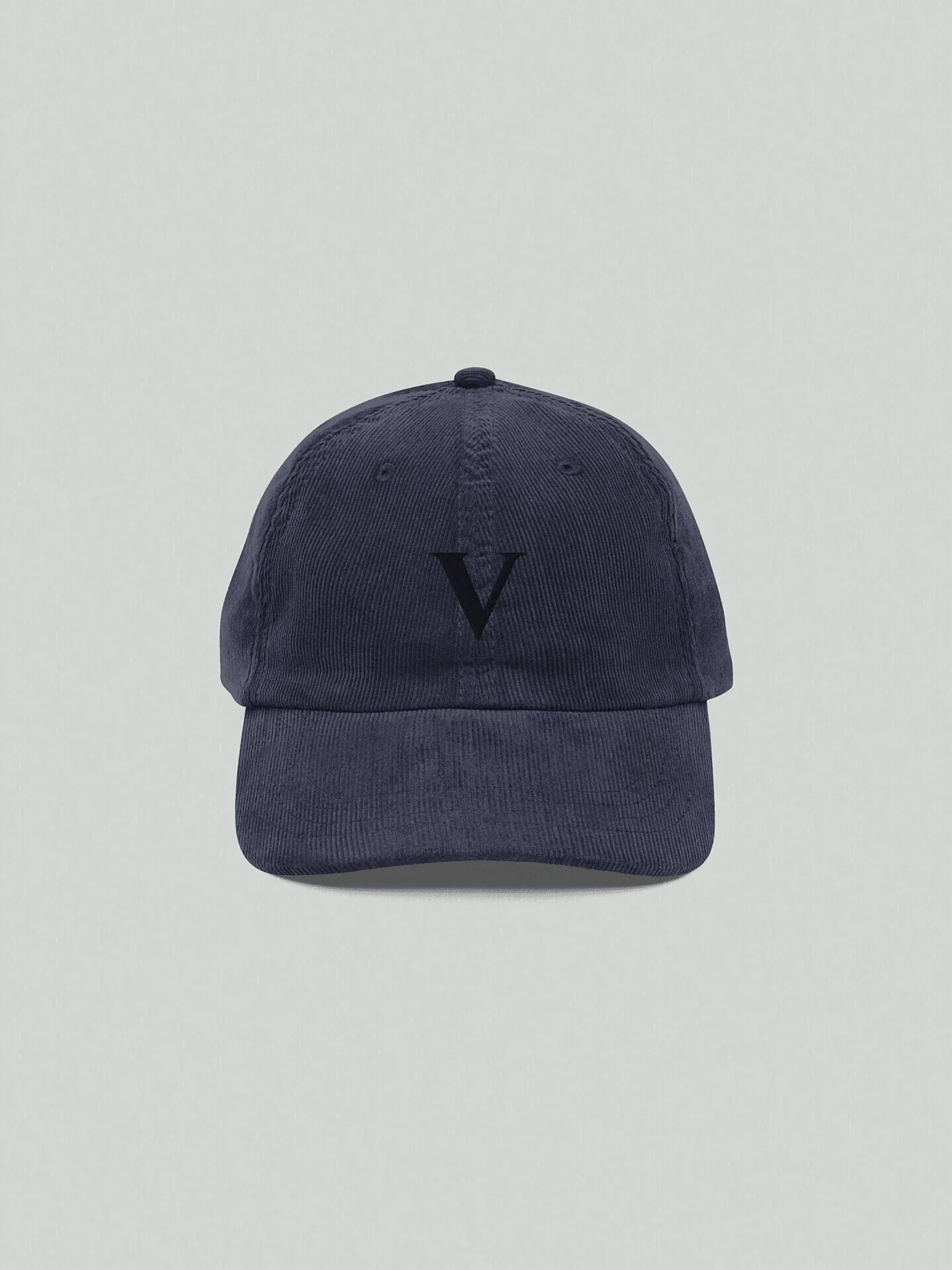 Navy blue VIICCE cap in 100% cotton corduroy fabric, front view with V logo