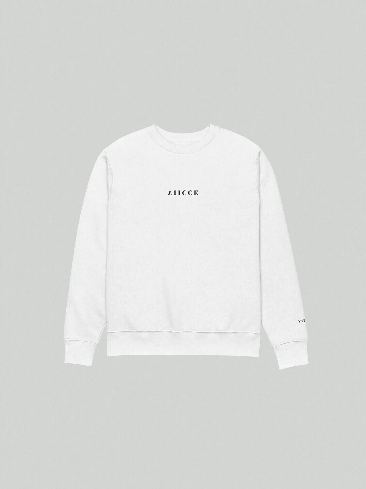 Signature Box Sweatshirt | Ash White. Oversized sweatshirt with "viicce" written on the chest, embroidered vertically in reverse, the sweatshirt is laid flat on the floor. Made with the highest quality cotton.
