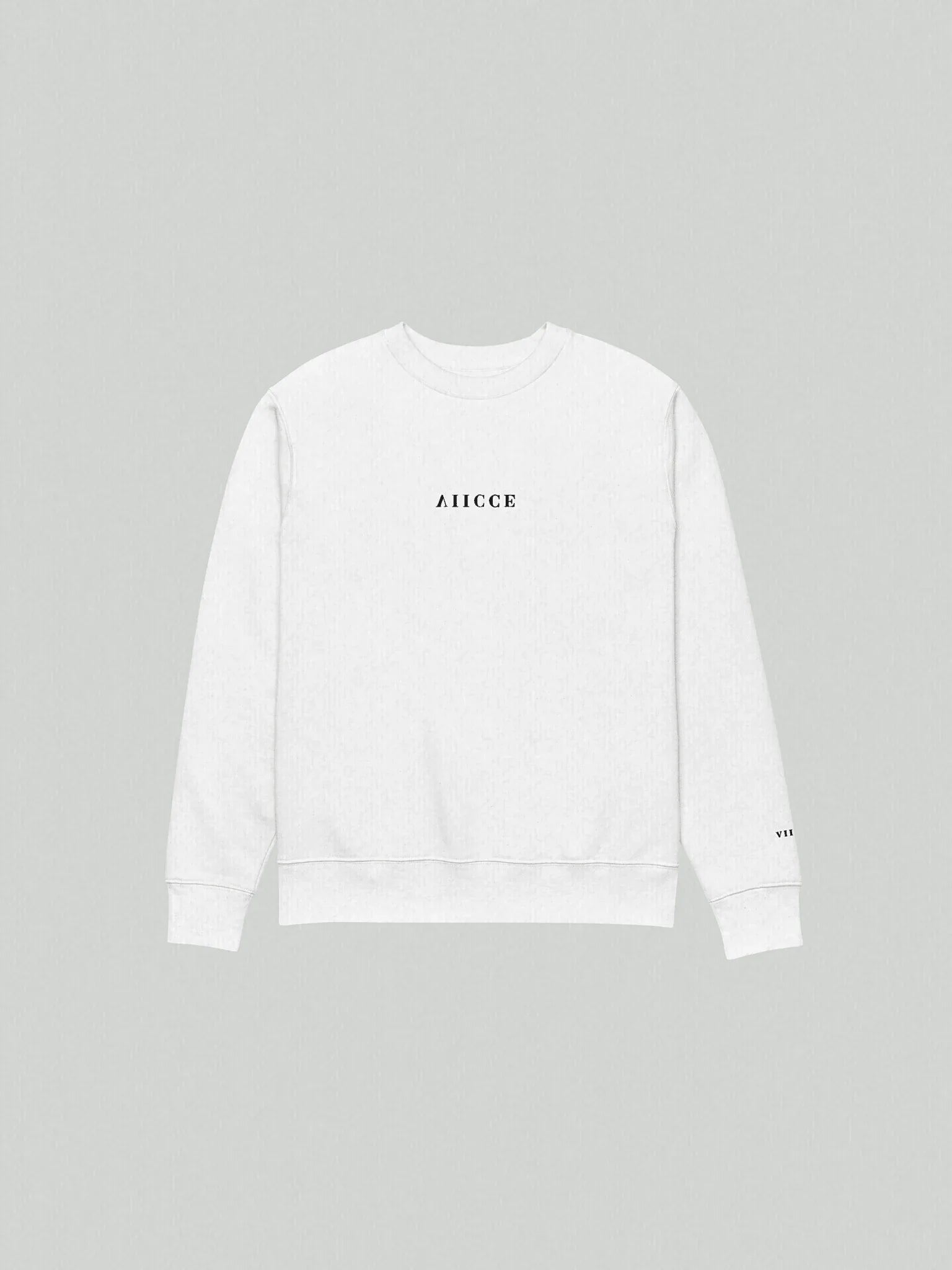 Signature Box Sweatshirt | Ash White. Oversized sweatshirt with "viicce" written on the chest, embroidered vertically in reverse, the sweatshirt is laid flat on the floor. Made with the highest quality cotton.
