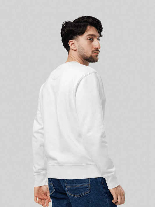 Signature Box Sweatshirt | Ash White. Male model from the back and side wearing an oversized sweatshirt. Made with high-quality cotton and very high weight. Studio image.