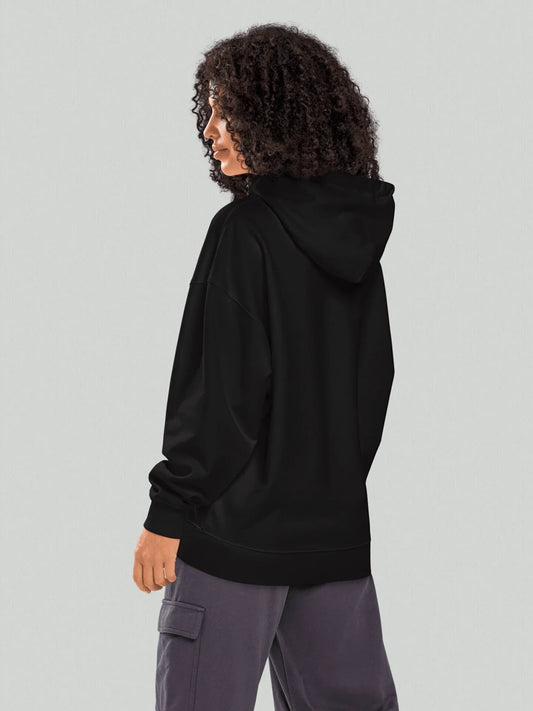 VIICCE Stealth Hoodie in Jet Black. Women's model with back and side view of the black viicce hoodie.