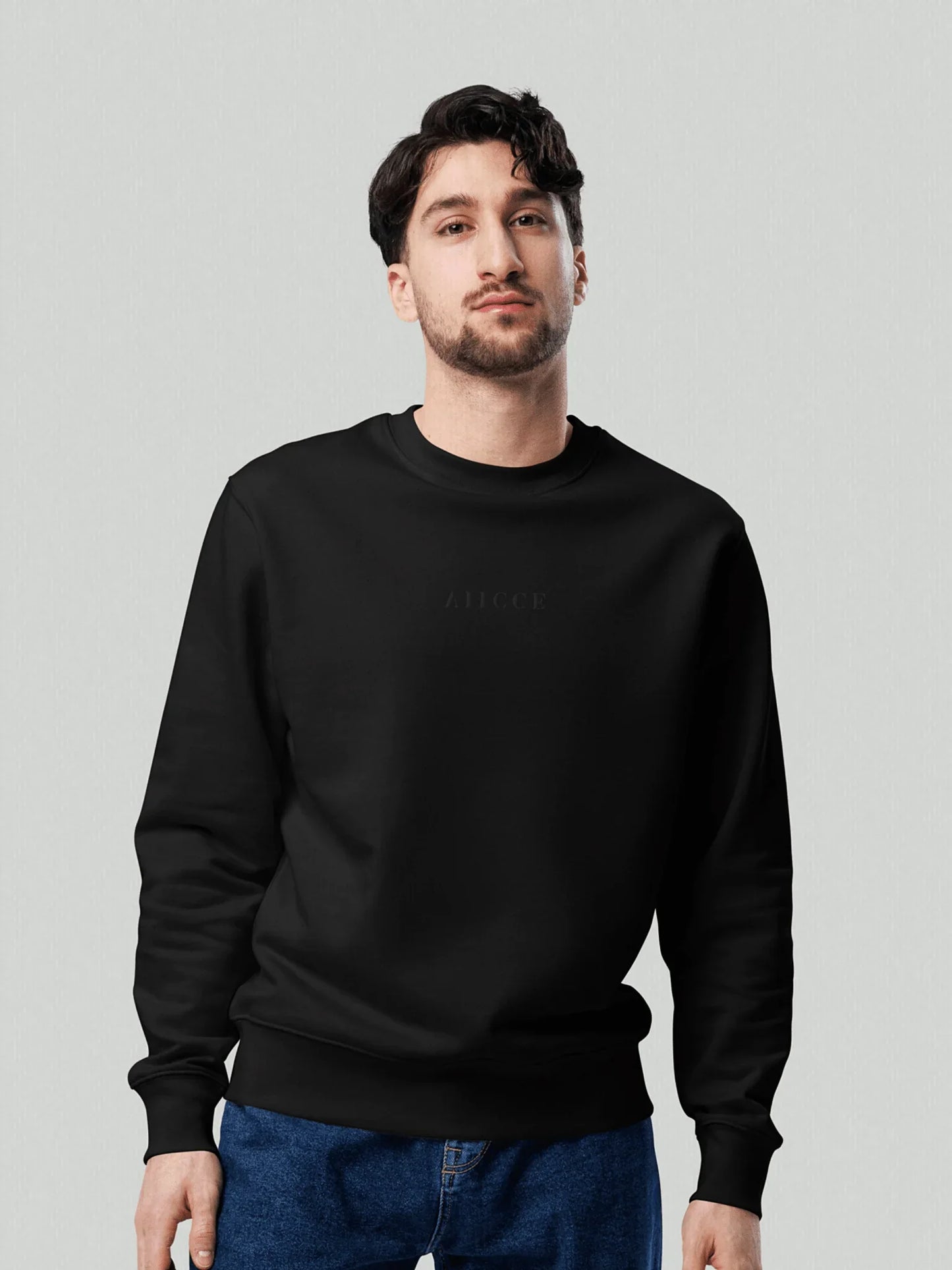 VIICCE Stealth Crewneck in Onyx black. Men's model wearing a luxury sweatshirt with tone-on-tone VIICCE logo embroidery (black on black) on the chest. Relaxed fit with ribbed cuffs and hem.
