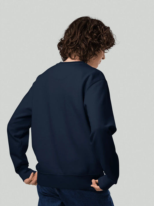 VIICCE Structural Crewneck in Midnight Blue. Women's sweatshirt with a loose fit and dropped shoulders in heavy fabric, seen from the back.